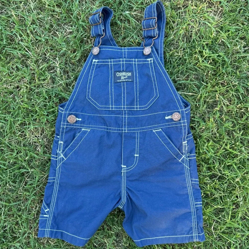 Vintage OshKosh B'gosh Made In USA Blue Canvas Overalls Shorts Snap Inseam